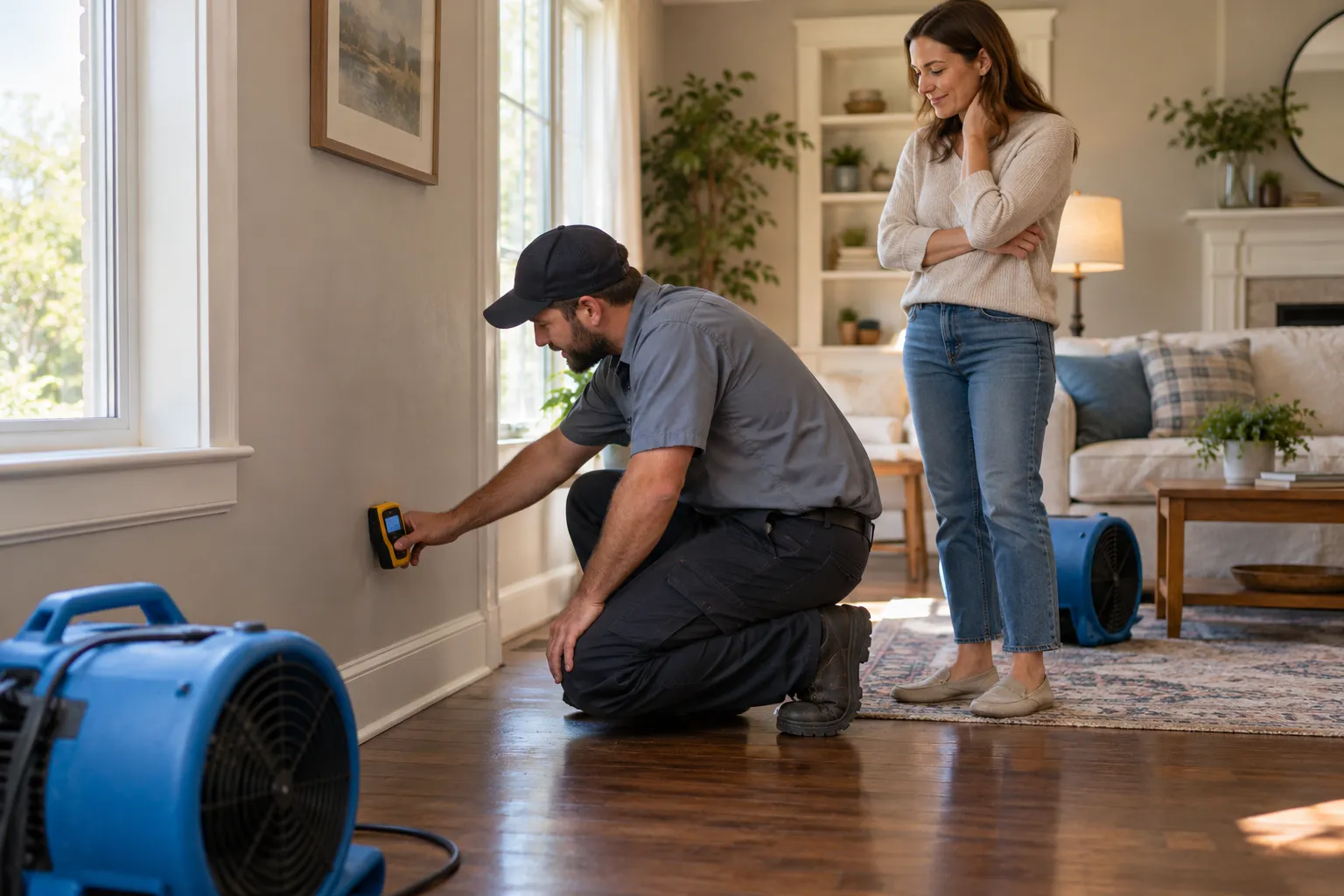 Water damage restoration technician drying a flooded living room in Wilmington